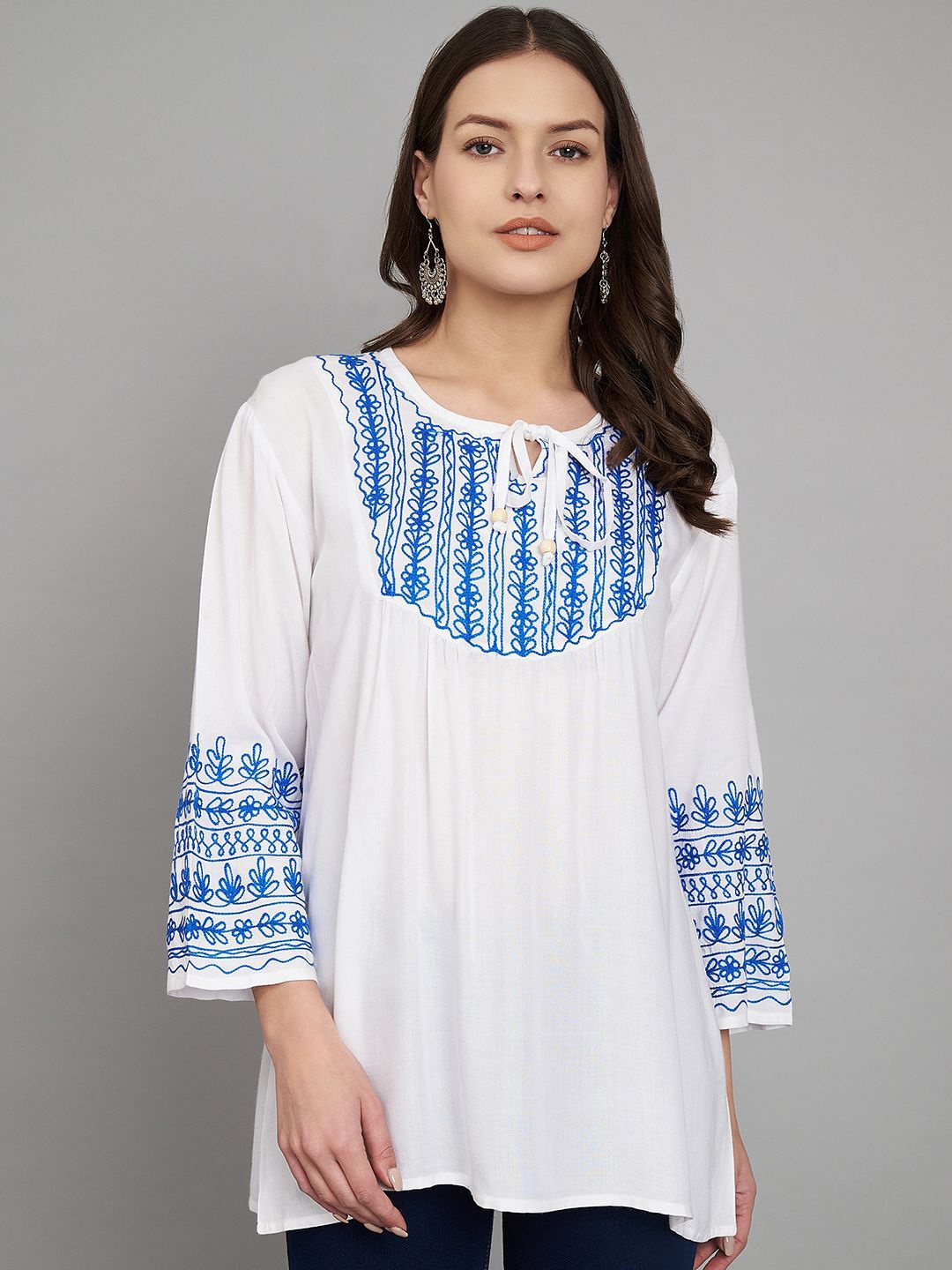 

SAAKAA Print Tie-Up Neck Bell Sleeve Top, White