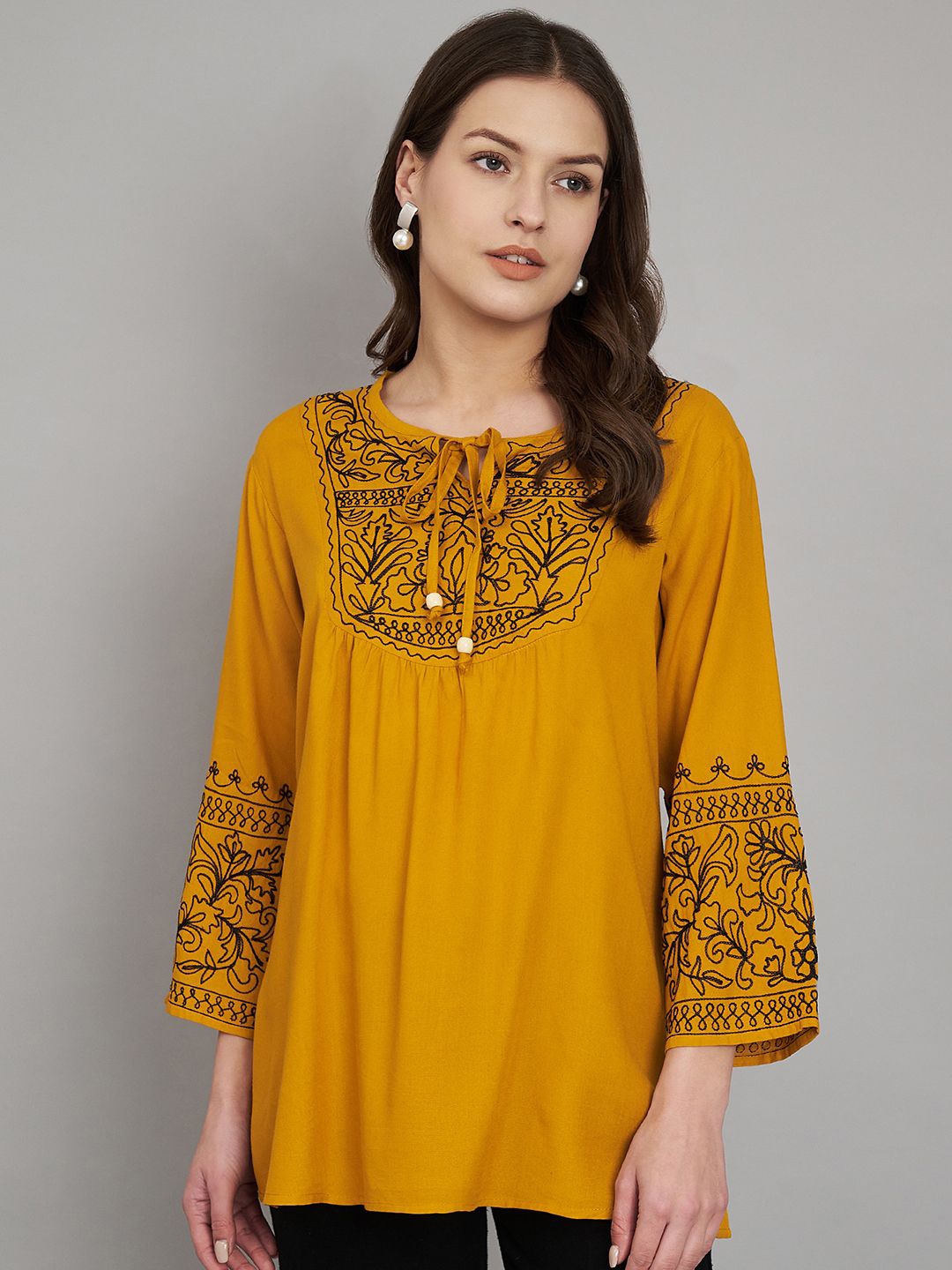 

SAAKAA Print Tie-Up Neck Bell Sleeve Top, Mustard