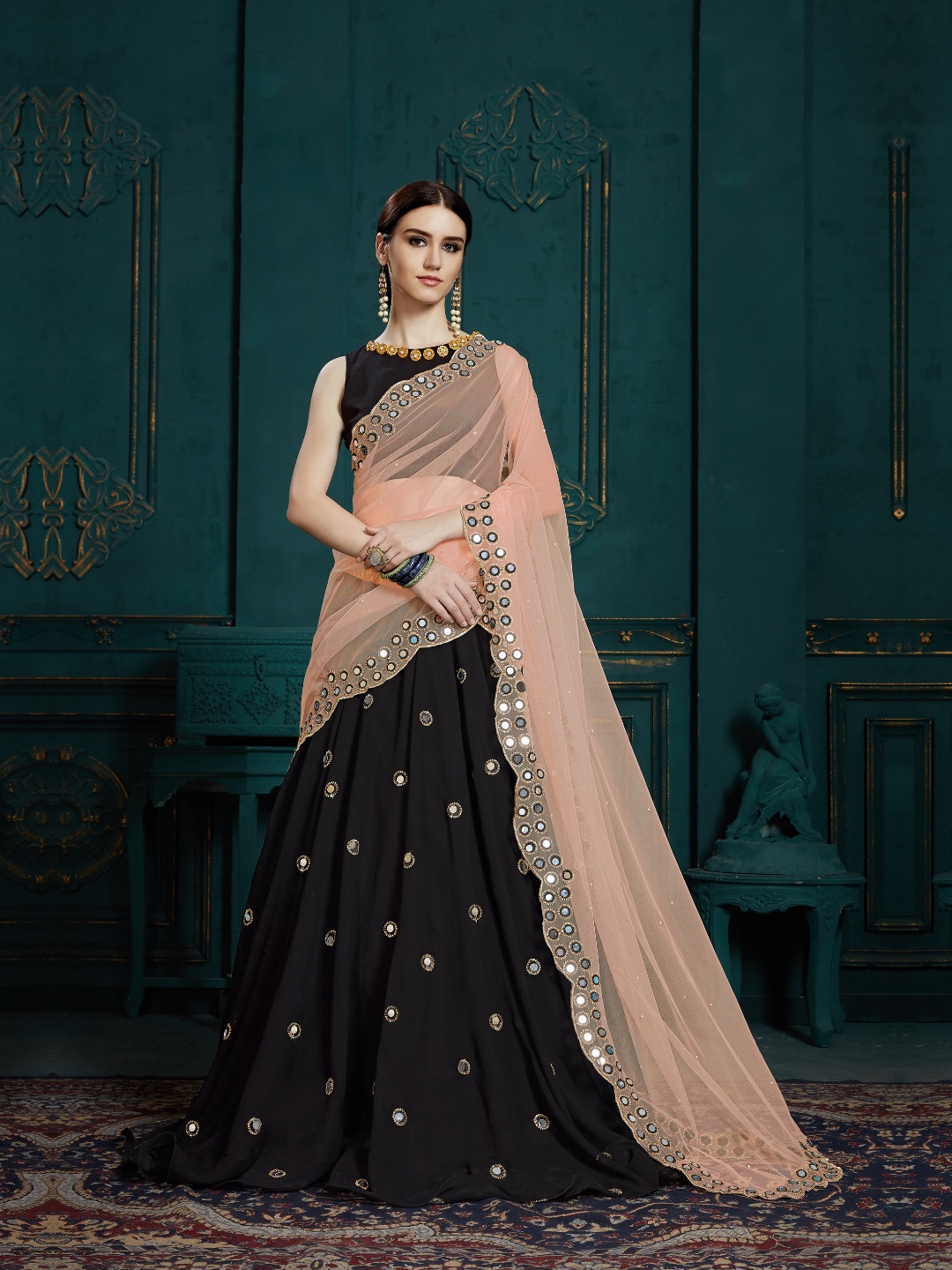 

Fusionic Embroidered Semi-Stitched Lehenga & Unstitched Blouse With Dupatta, Black