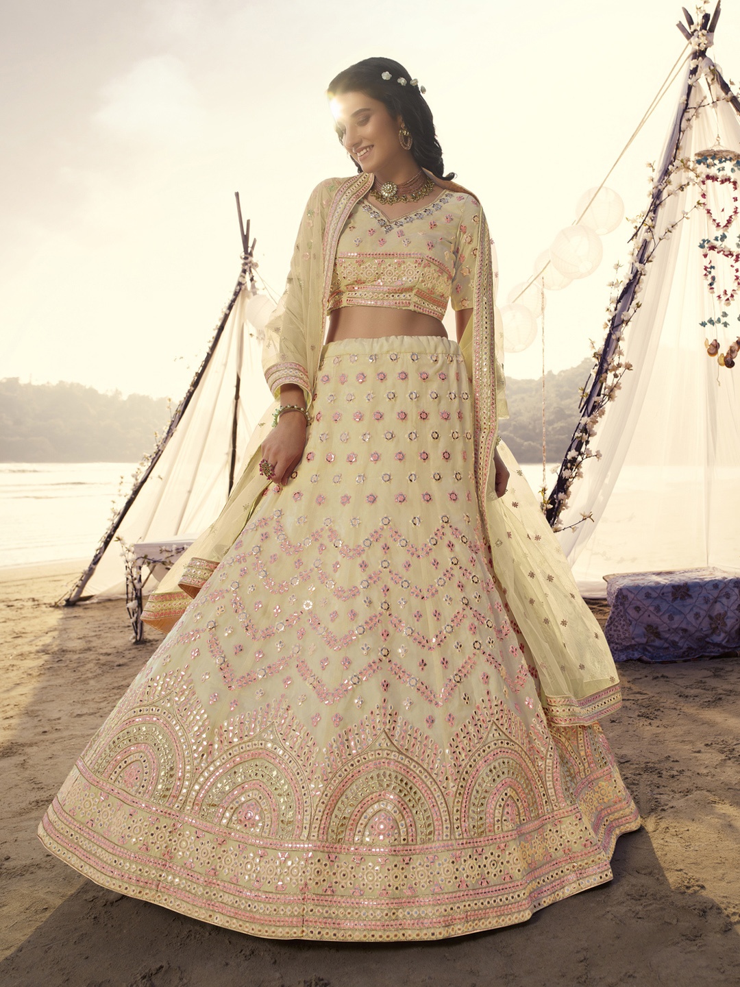 

Fusionic Embroidered V-Neck Organza Semi Stitched Lehenga & Unstitched Blouse With Dupatta, Yellow