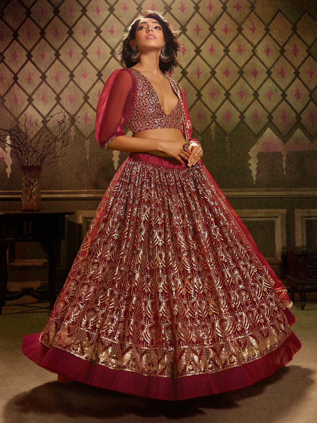 

Fusionic Embroidered Semi-Stitched Lehenga & Unstitched Blouse With Dupatta, Maroon