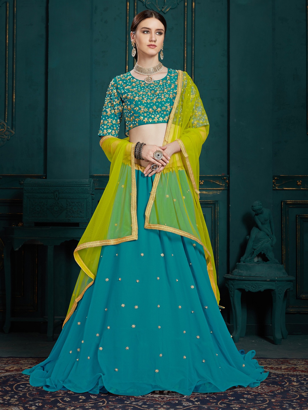 

Fusionic Embroidered Semi-Stitched Lehenga & Unstitched Blouse With Dupatta, Blue