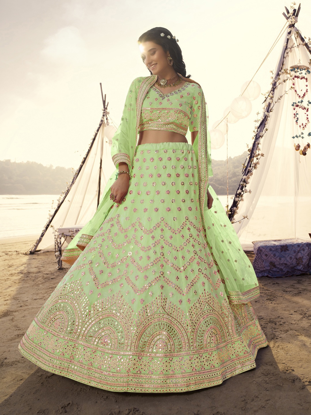 

Fusionic Embroidered Mirror Work Semi-Stitched Lehenga & Unstitched Blouse With Dupatta, Green