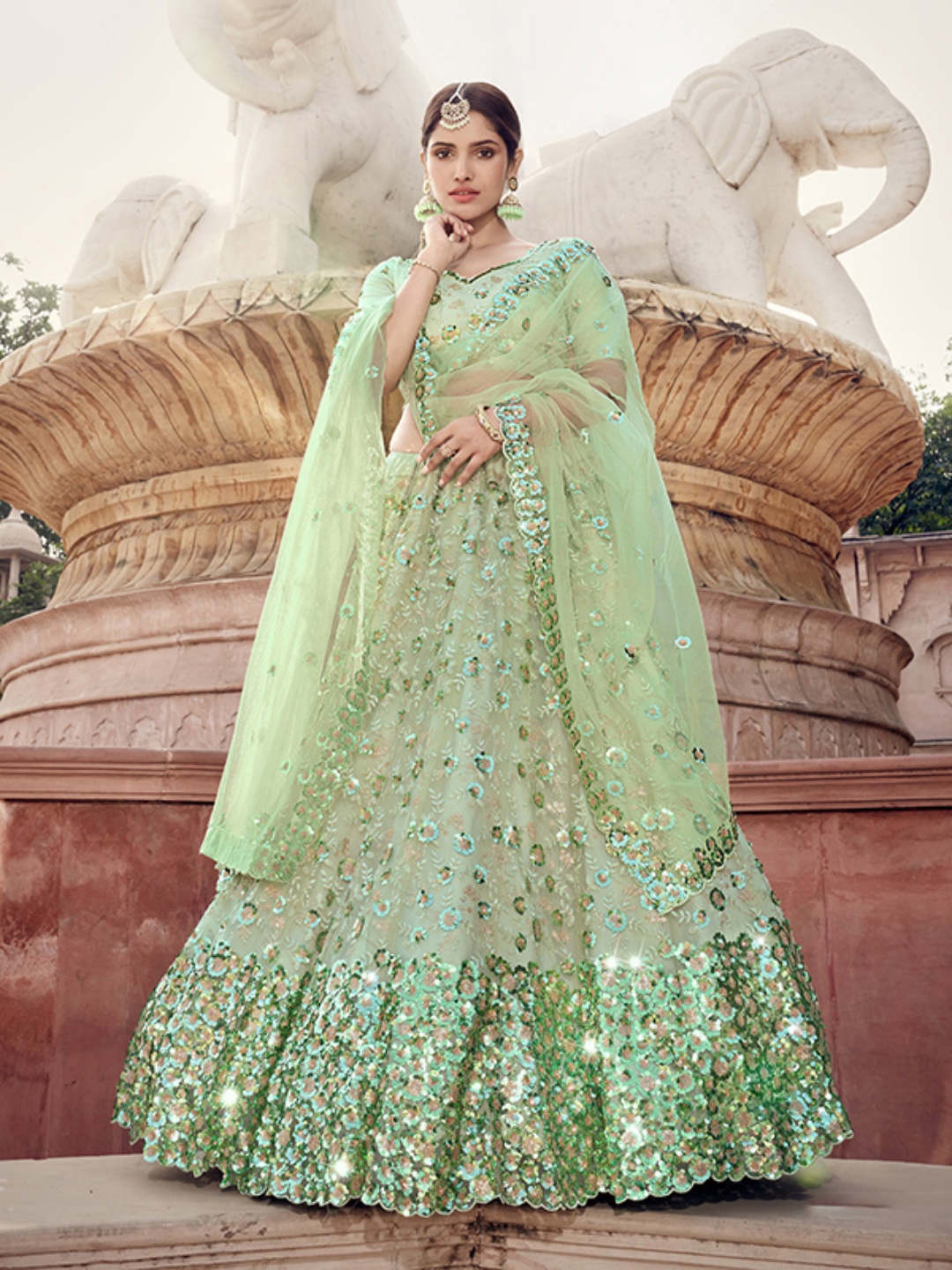 

Fusionic Embroidered Sequinned Semi-Stitched Lehenga & Unstitched Blouse With Dupatta, Green