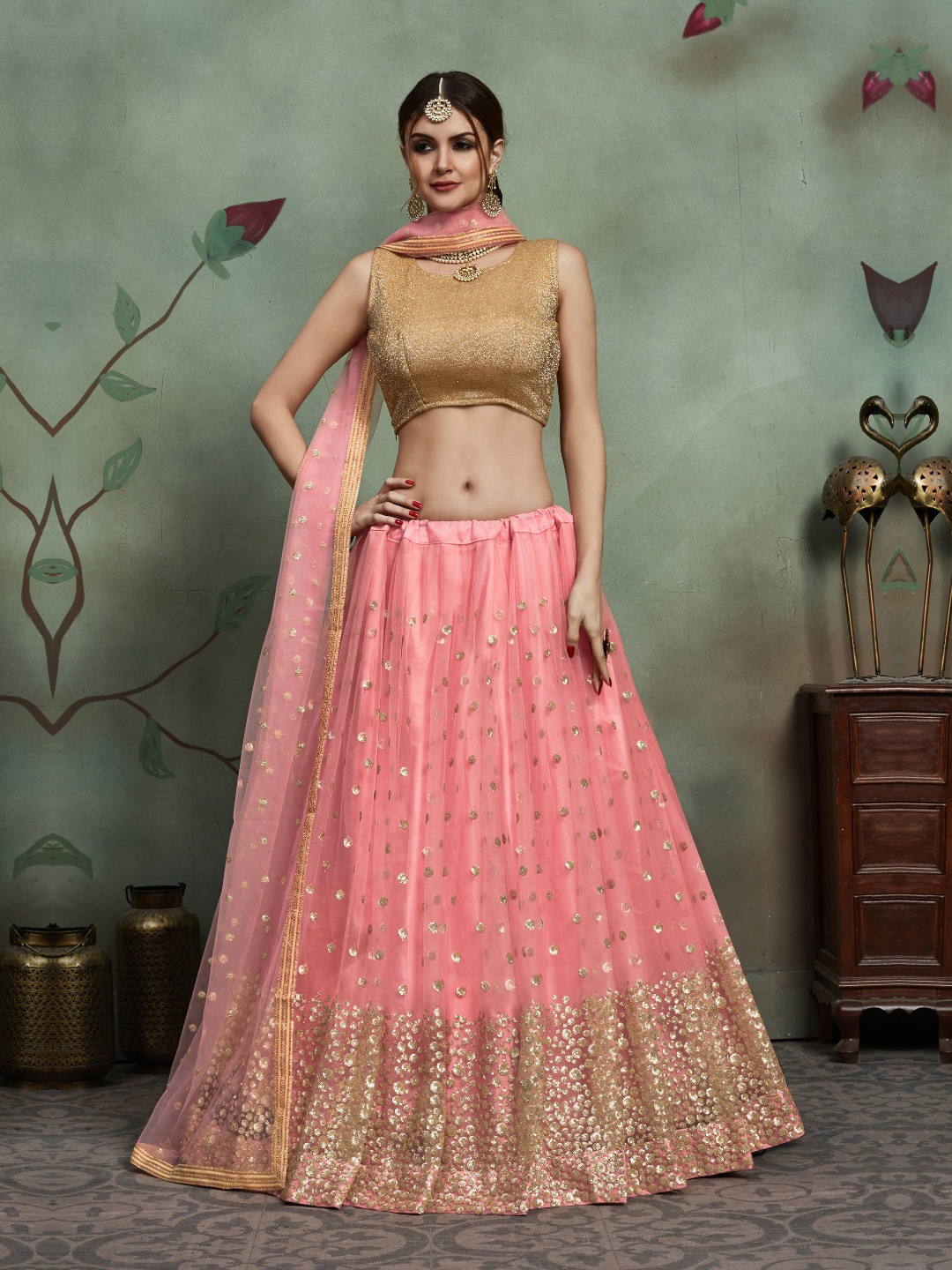 

Fusionic Sequinned Net Semi Stitched Lehenga & Unstitched Blouse With Dupatta, Beige