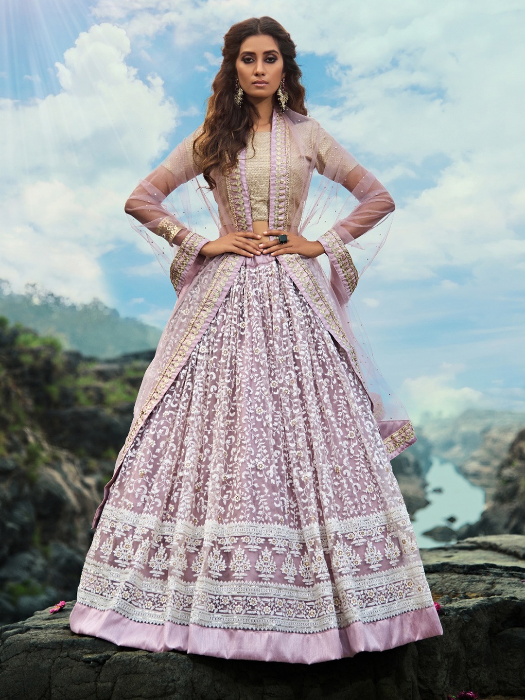 

Fusionic Embroidered Thread Work Semi-Stitched Lehenga & Unstitched Blouse With Dupatta, Lavender