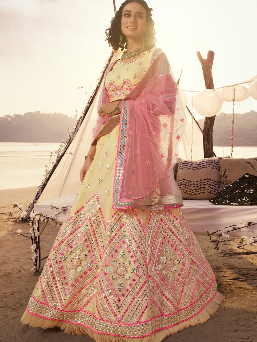 

Fusionic Embroidered Mirror Work Semi-Stitched Lehenga & Unstitched Blouse With Dupatta, Off white
