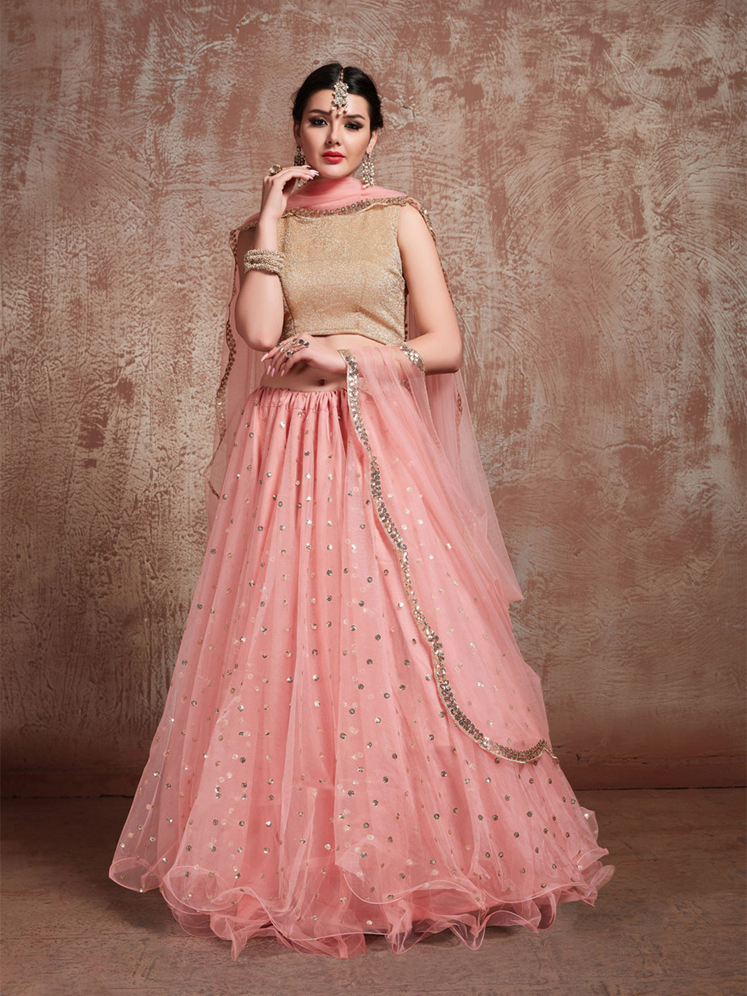 

Fusionic Embroidered Sequinned Net Semi-Stitched Lehenga & Unstitched Blouse With Dupatta, Pink