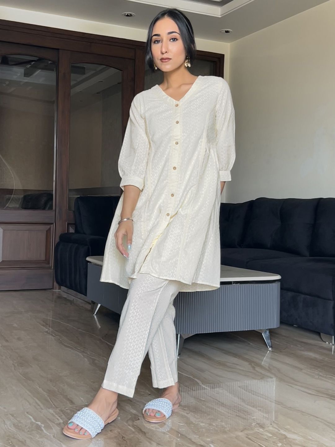 

Janasya Self Design Pure Cotton Tunic & Trousers, Cream