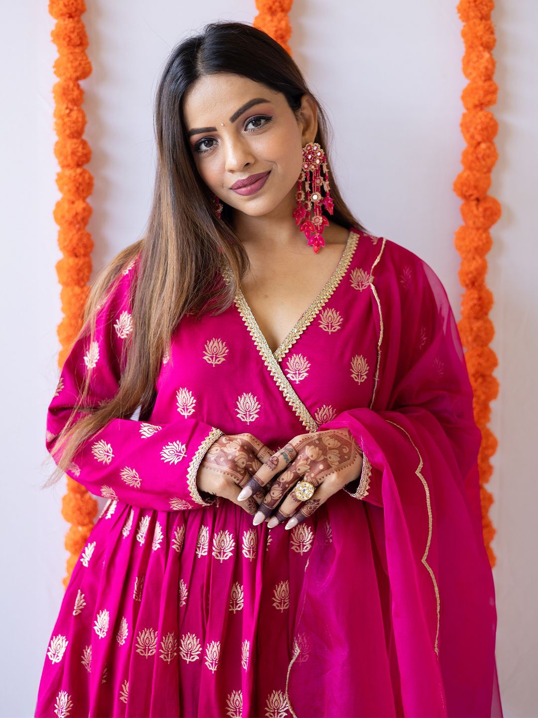 

Janasya Pink Ethnic Motifs Printed Angrakha Gotta Patti Kurta With Palazzos & Dupatta