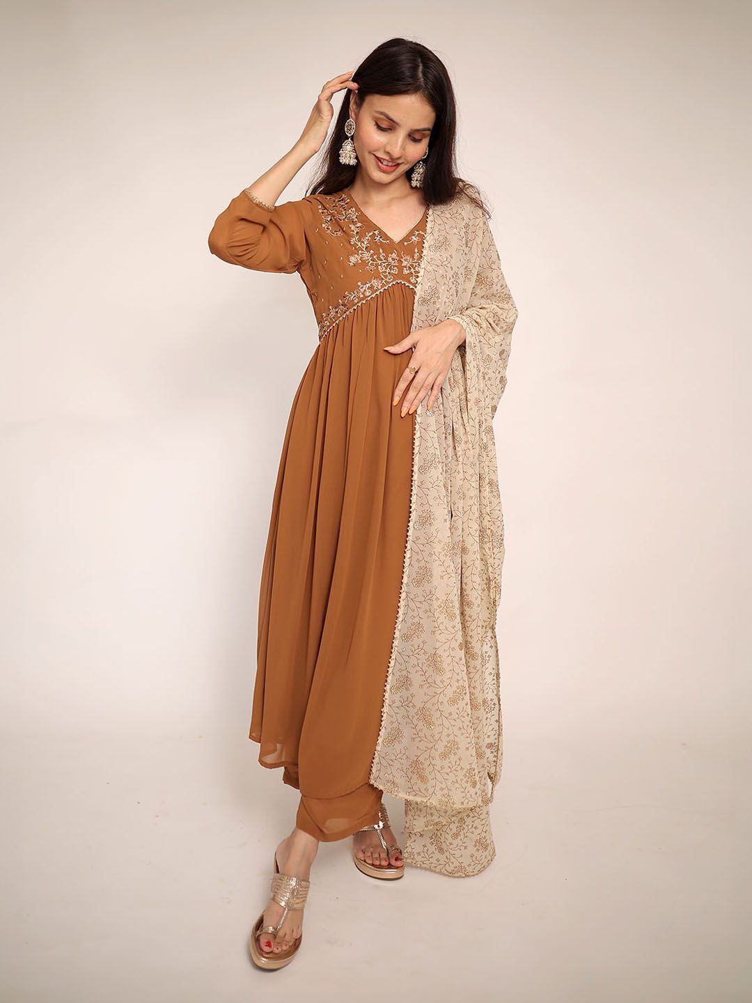 

Janasya Georgette Floral Embroidery Kurta Palazzo Set, Brown