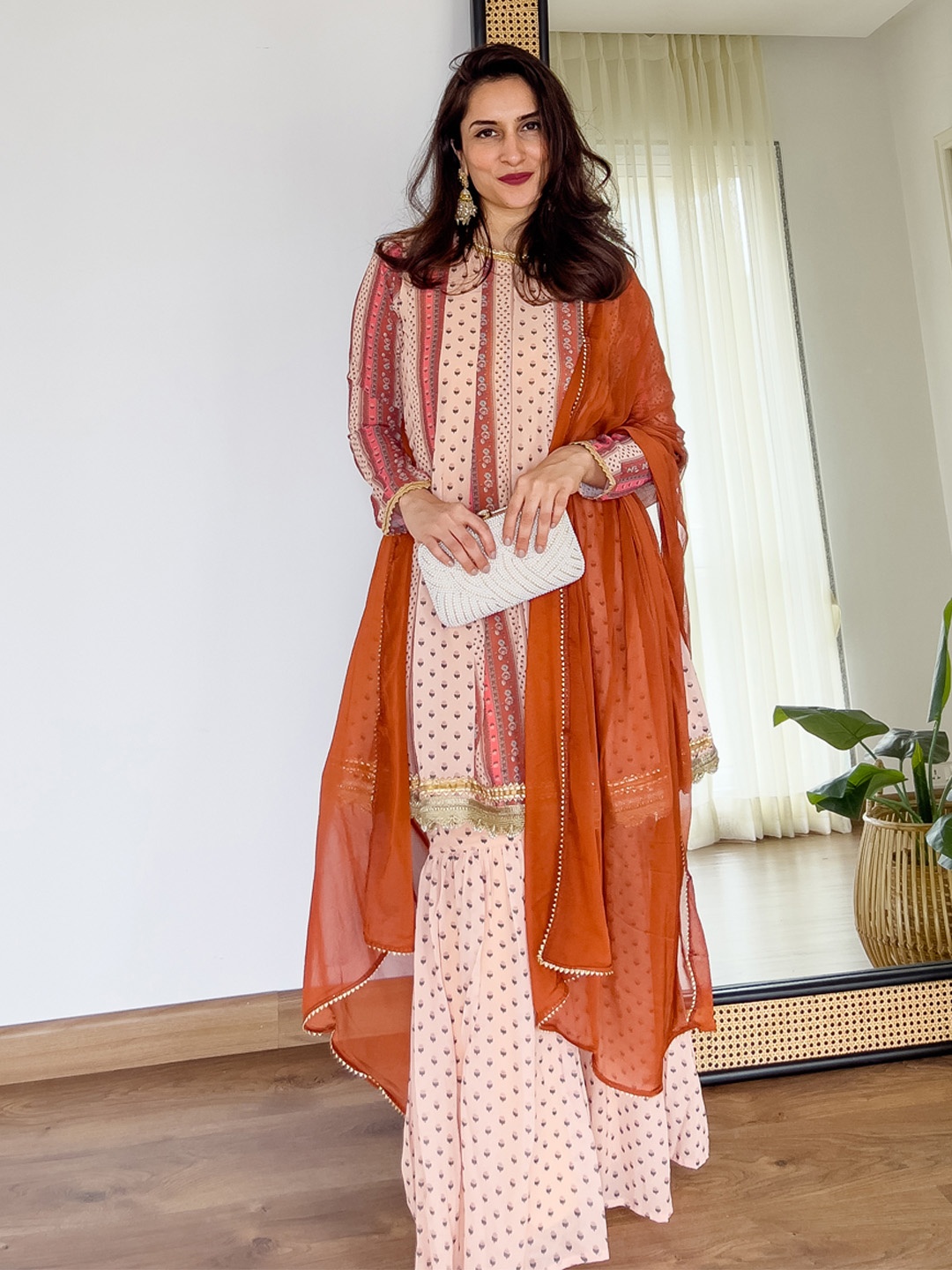 

Janasya Ethnic Motifs Printed Gotta Patti Georgette A-Line Kurta with Sharara & Dupatta, Pink