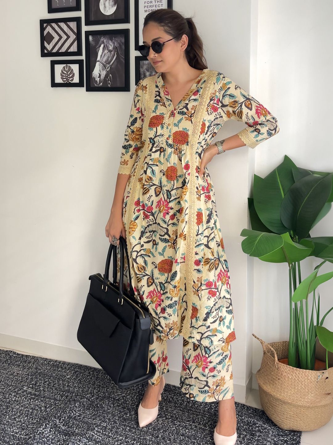

Janasya Floral Printed V-Neck Pleated Pure Cotton A-Line Kurta With Palazzos, Beige