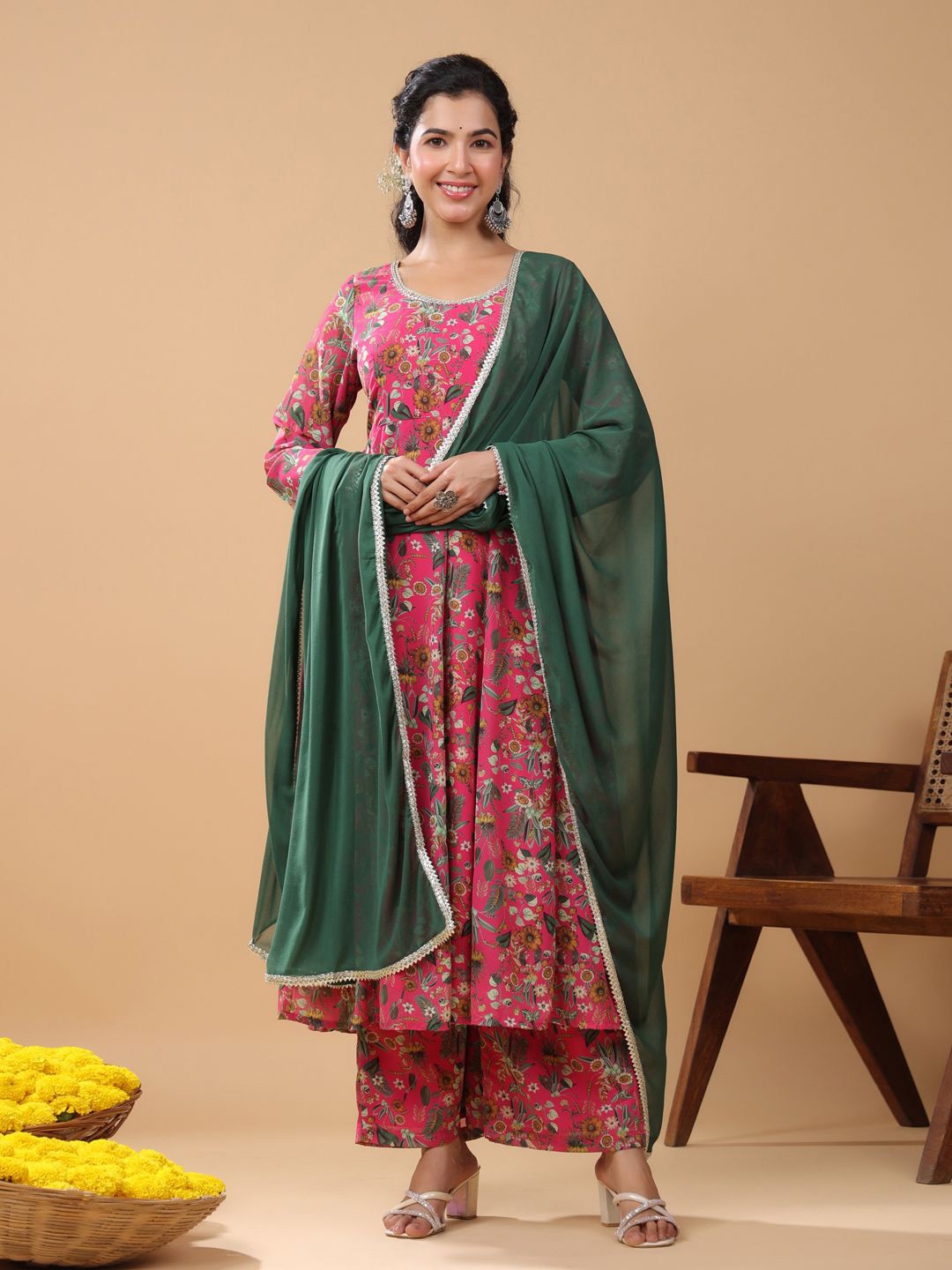 

Janasya Floral Printed Gotta Patti Anarkali Kurta With Palazzos & Dupatta, Pink