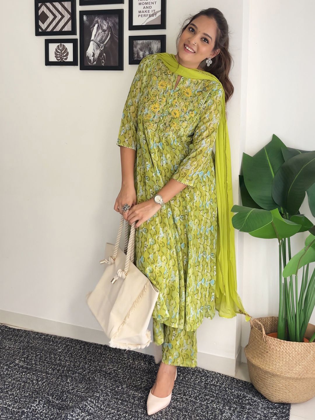 

Janasya Floral Printed Gotta Patti A-Line Kurta With Palazzos & Dupatta, Lime green