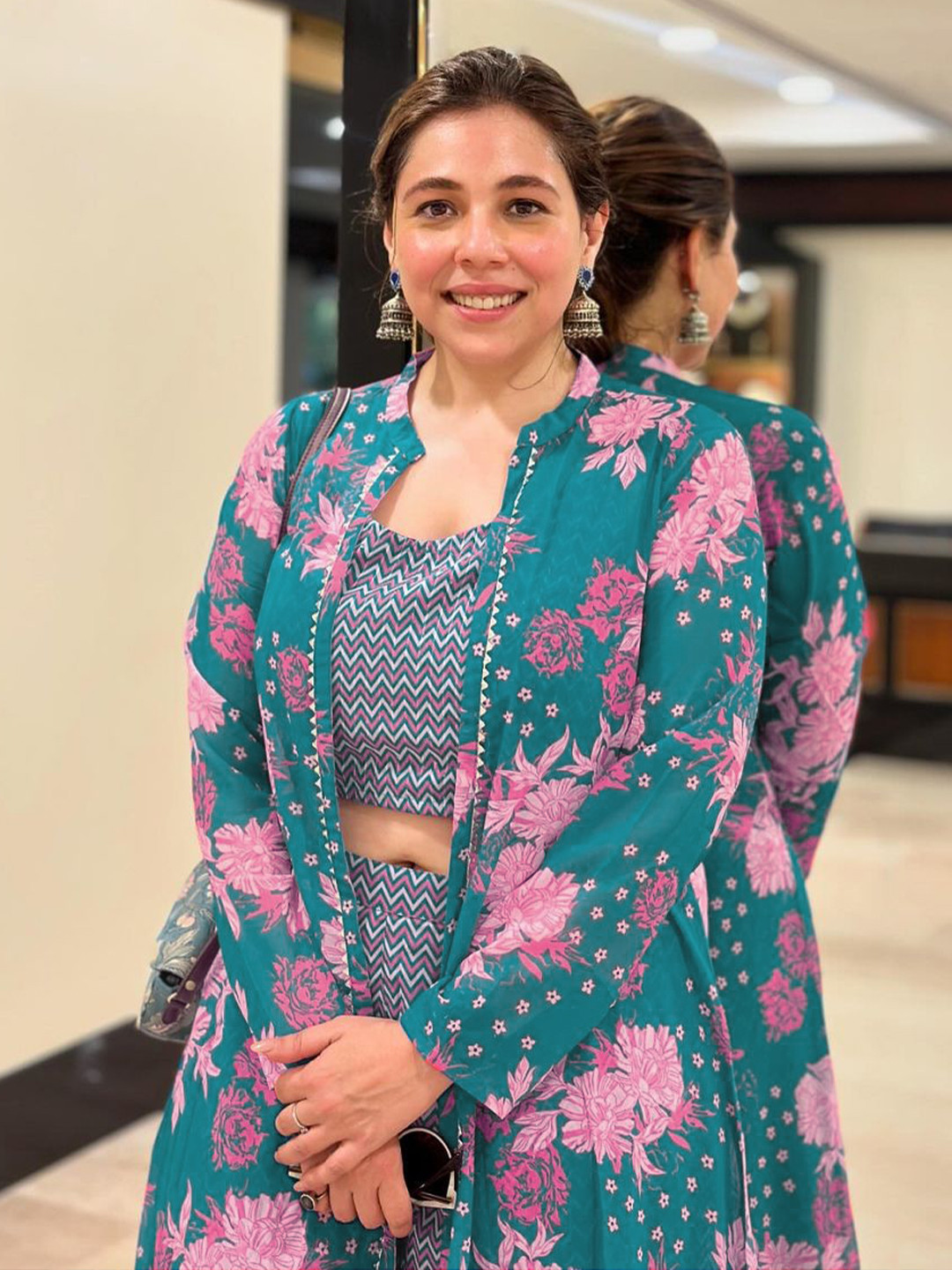 

Janasya Printed Round Neck Georgette Top with Palazzo & Shrug, Blue