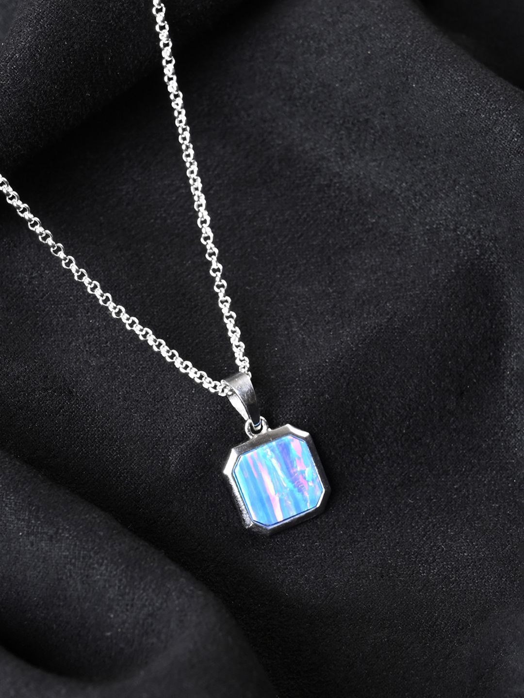 

Clara Men Rhodium-Plated 925 Sterling Silver Opal-Studded Pendant & Chain