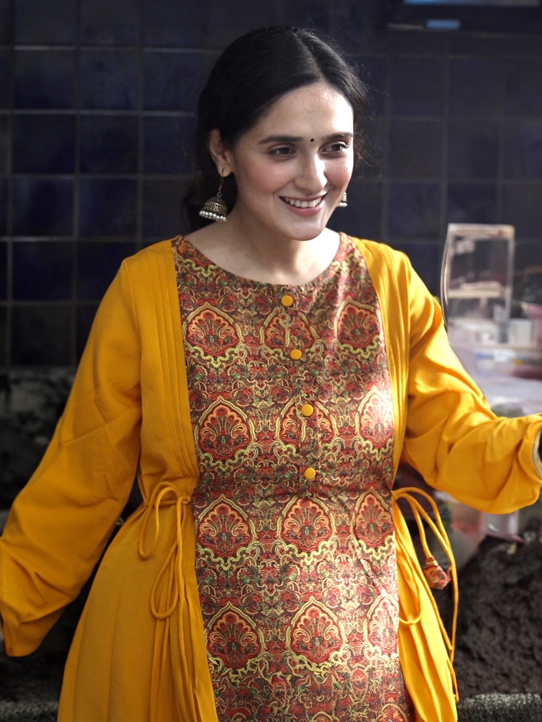 

Janasya Ethnic Motifs Printed Maternity Crepe A-Line Kurta, Mustard