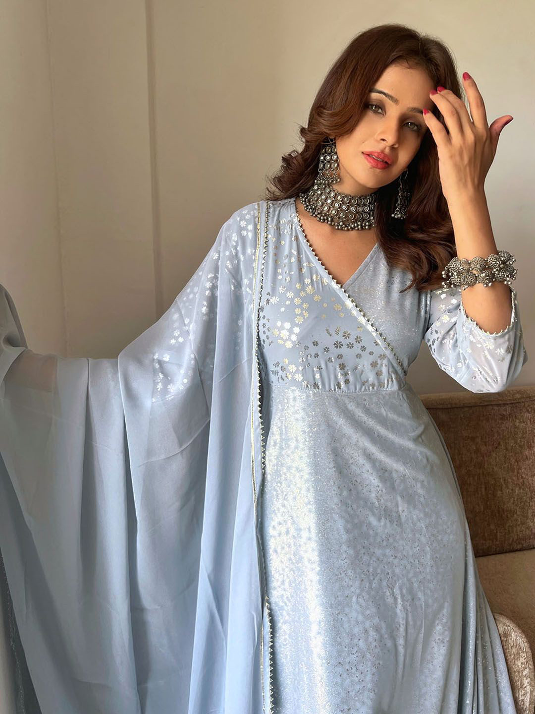 

Janasya Floral Printed Gotta Patti Georgette Anarkali Kurta with Dupatta, Grey