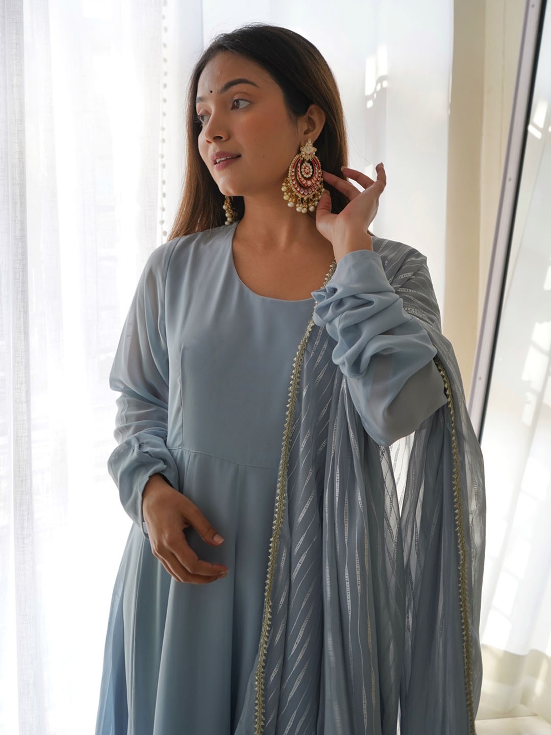 

Janasya Round Neck Long Sleeves Gotta Patti Georgette Anarkali Kurta with Dupatta, Grey