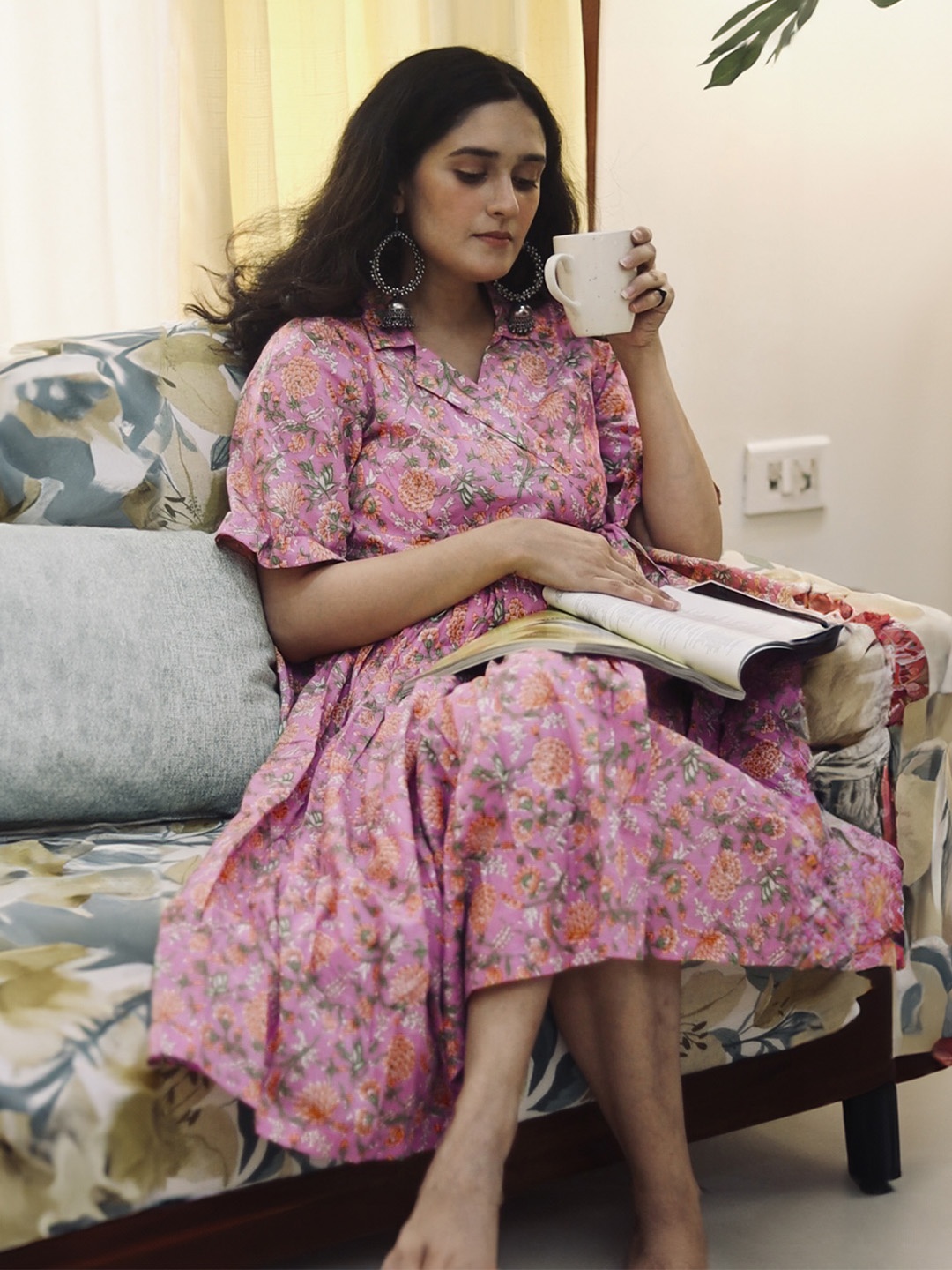 

Janasya Floral Cotton Wrap Maternity Dress, Pink