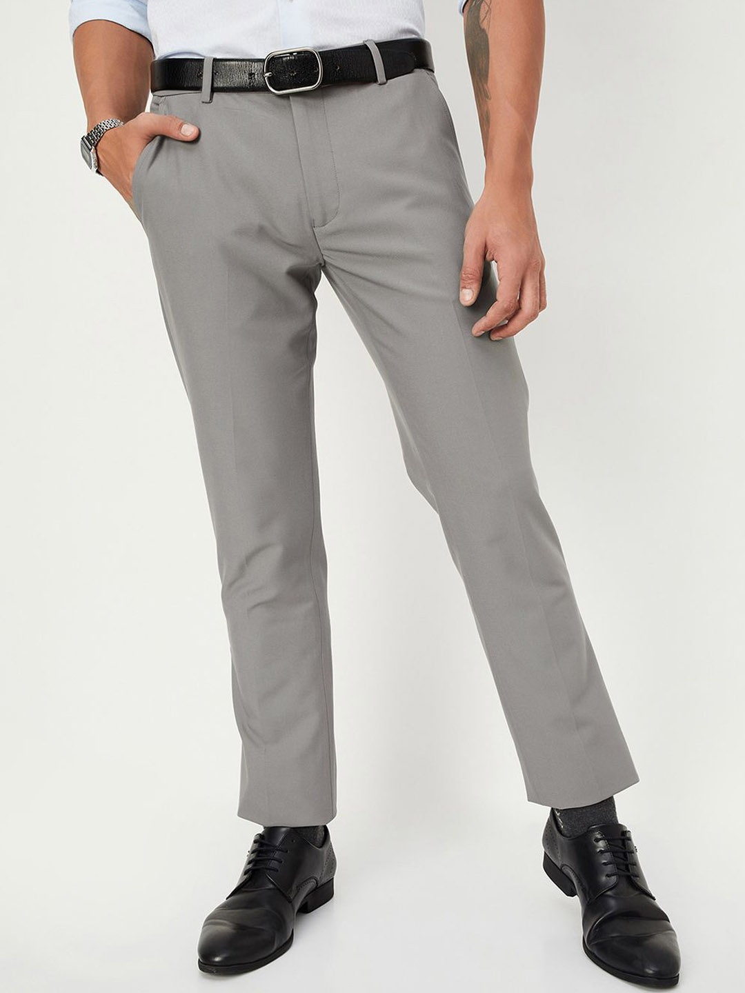 

max Men Mid-Rise Formal Trousers, Grey