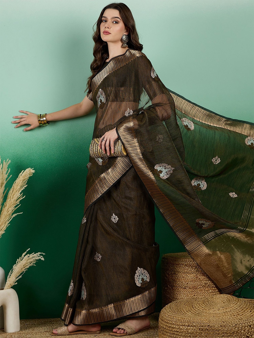 

MAHALASA Woven Design Zari Kanjeevaram Saree, Olive