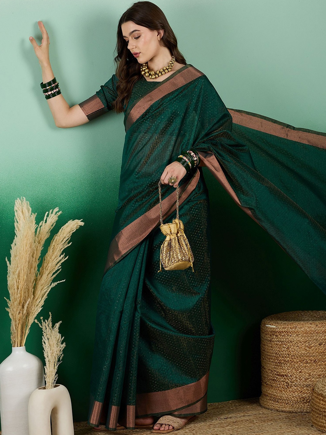 

MAHALASA Zari Woven Kanjeevaram Saree, Green