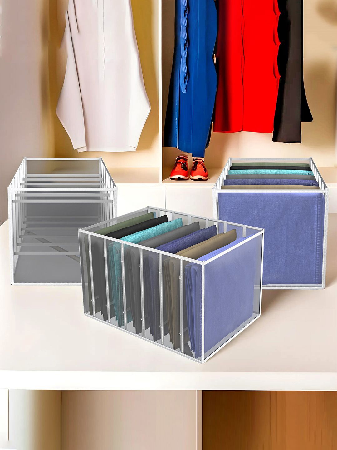 

Kuber Industries White 3 Pieces Wardrobe Drawer Organisers