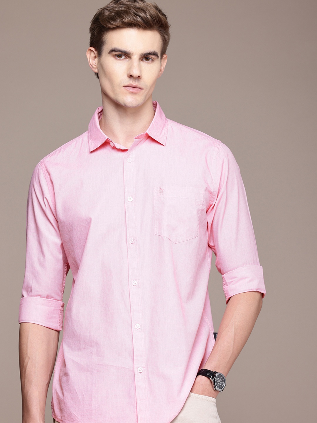 

French Connection Men Premium Slim Fit Pure Cotton Slub Casual Shirt, Pink
