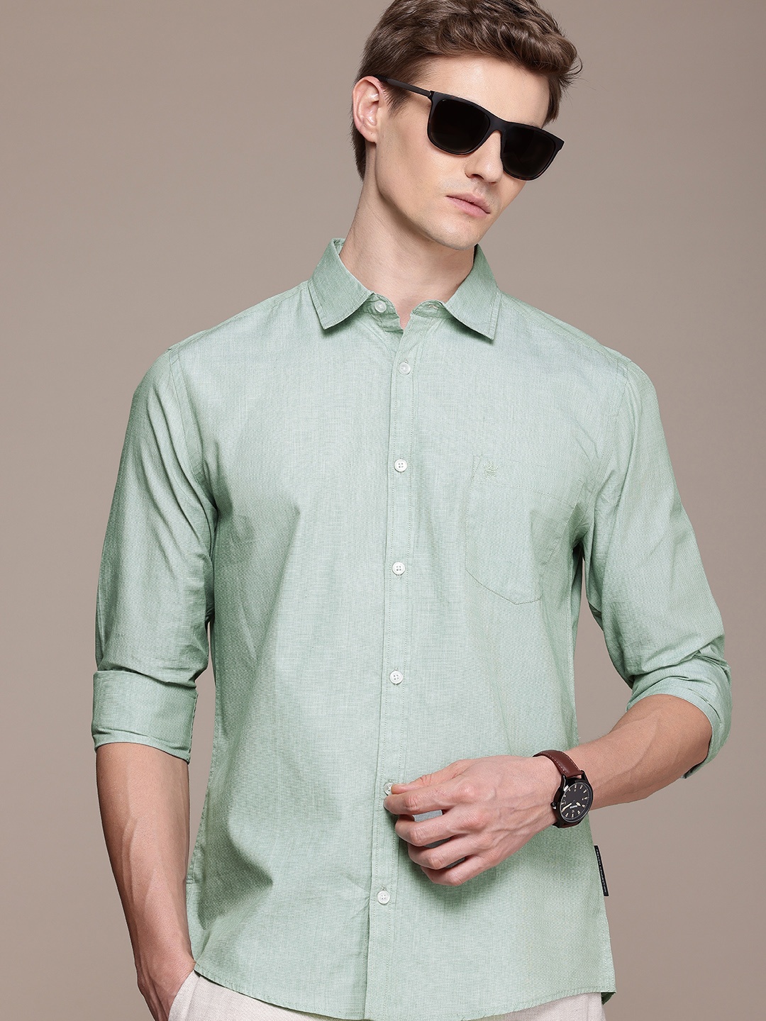 

French Connection Men Premium Slim Fit Pure Cotton Slub Casual Shirt, Green