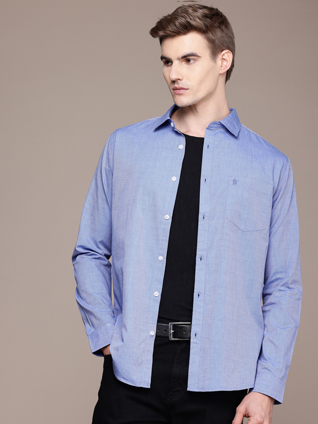 

French Connection Men Premium Slim Fit Pure Cotton Slub Casual Shirt, Blue
