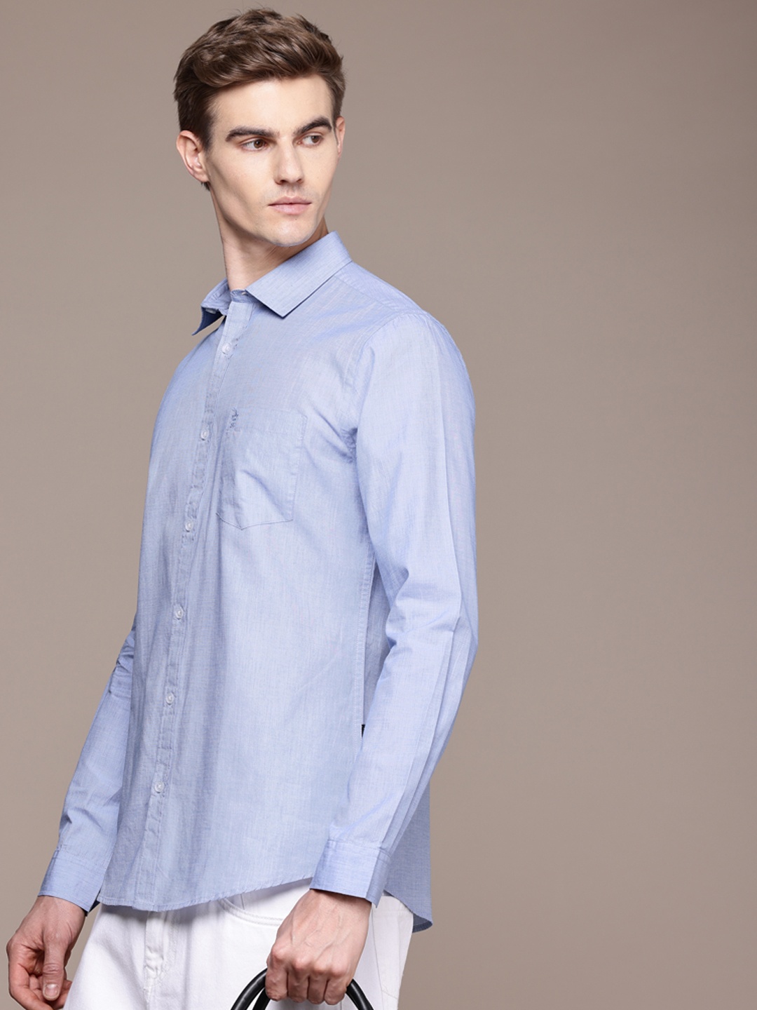 

French Connection Men Premium Slim Fit Pure Cotton Slub Casual Shirt, Blue
