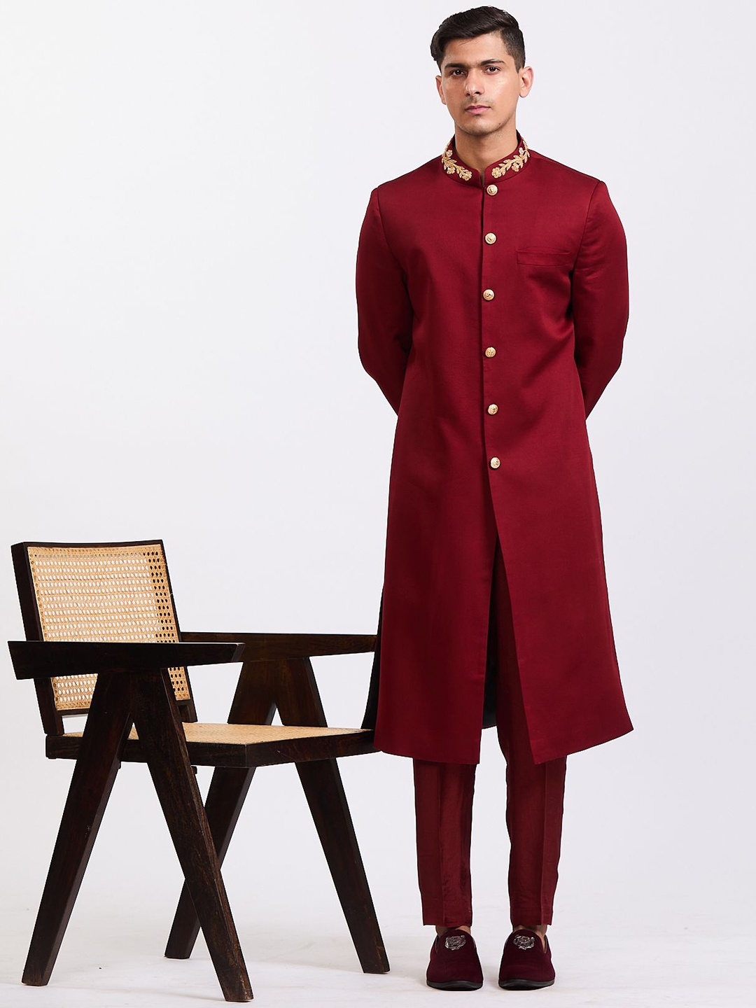 

Agrajain Embroidered Cotton Sherwani Set, Maroon