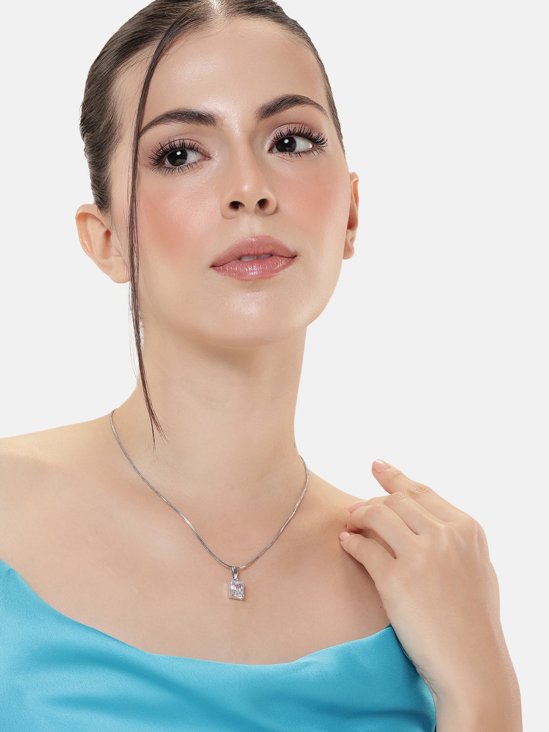 

Estele Rhodium-Plated Geometric CZ Pendant with Chain, White