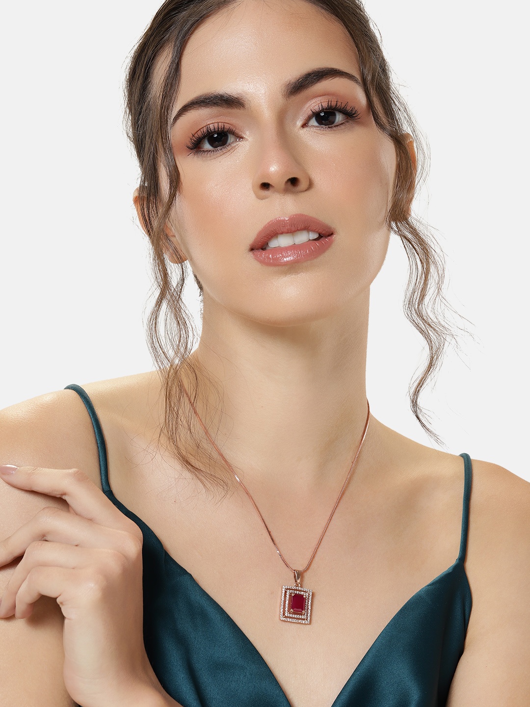 

Estele Rose Gold-Plated Geometric CZ Pendant with Chain, Red