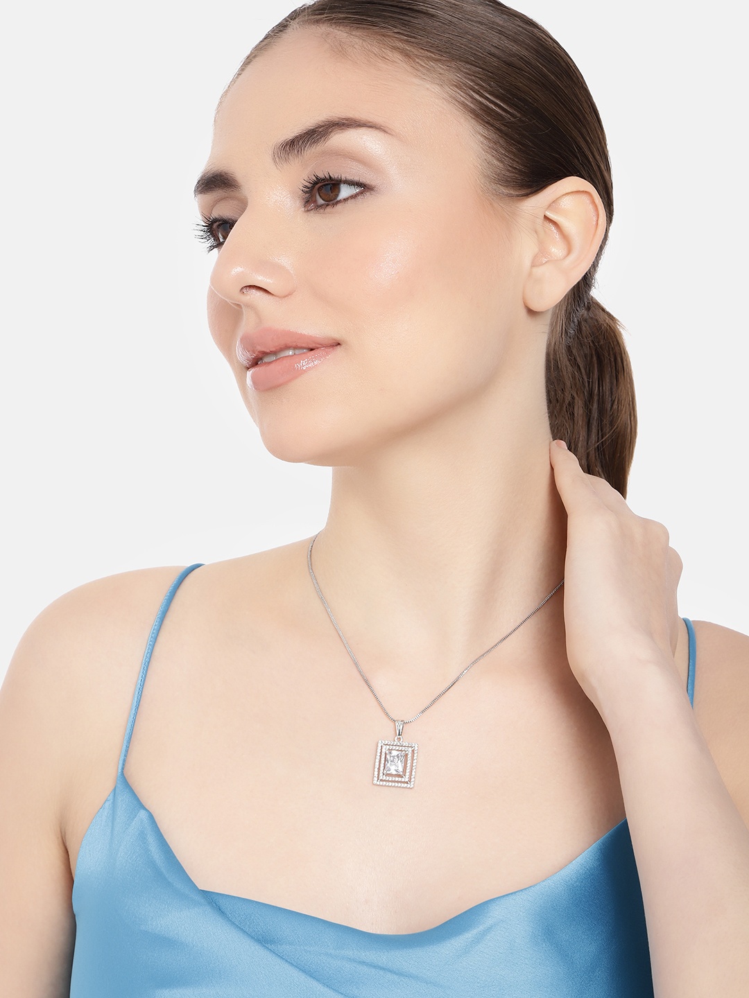 

Estele Rhodium-Plated Square CZ Pendant with Chain, White