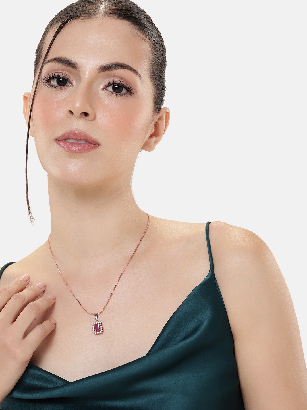 

Estele Rose Gold-Plated CZ-Studded Geometric Pendant with Chain, Red