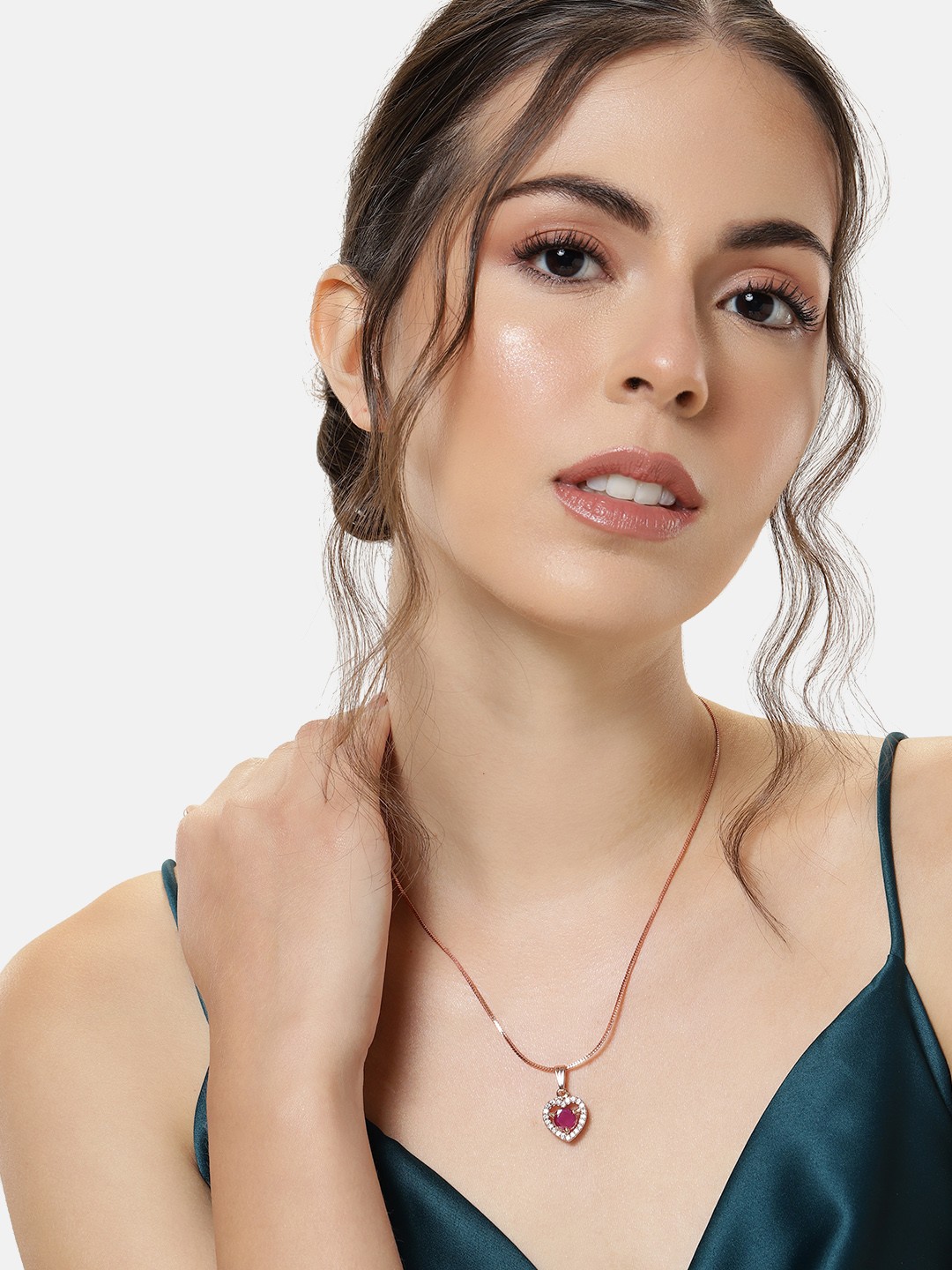 

Estele Rose Gold-Plated Heart Shaped CZ Pendant with Chain, Red