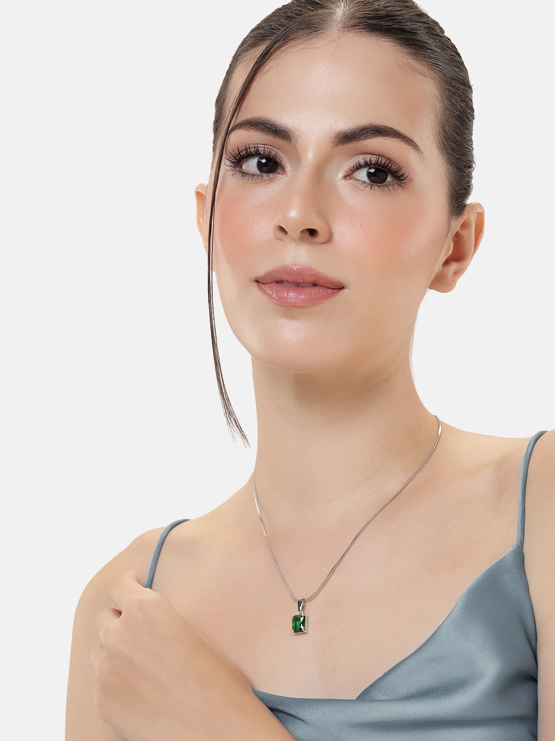 

Estele Rhodium-Plated Geometric CZ Pendant with Chain, Green