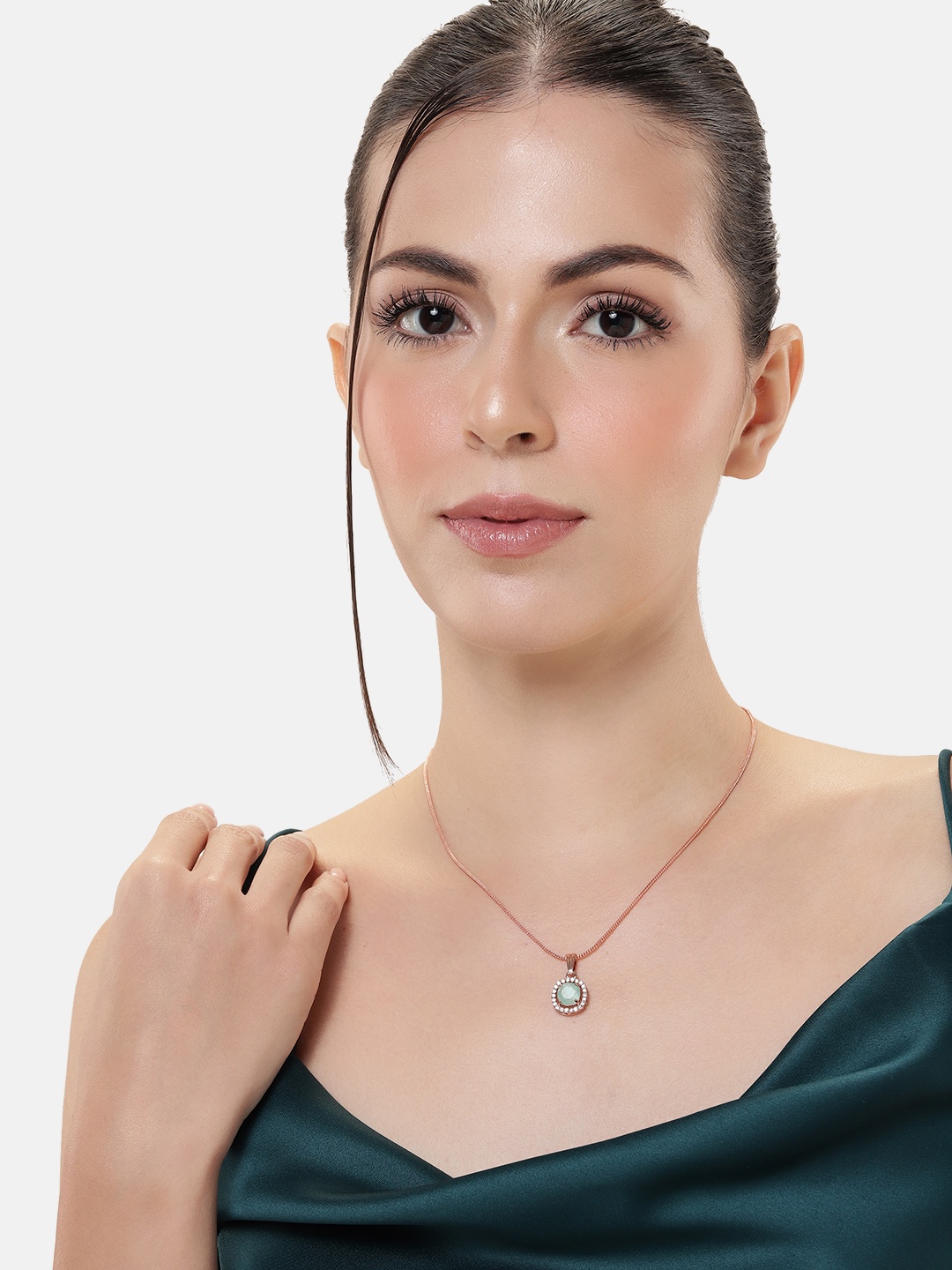 

Estele Rose Gold-Plated CZ-Studded Geometric Pendant with Chain, Green