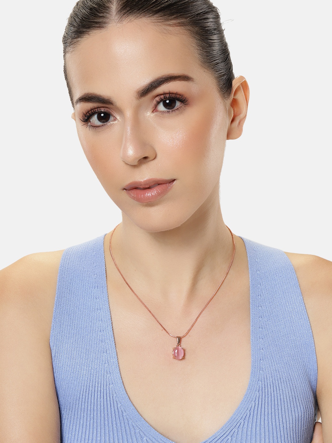 

Estele Rose Gold-Plated Oval CZ Pendant with Chain, Pink