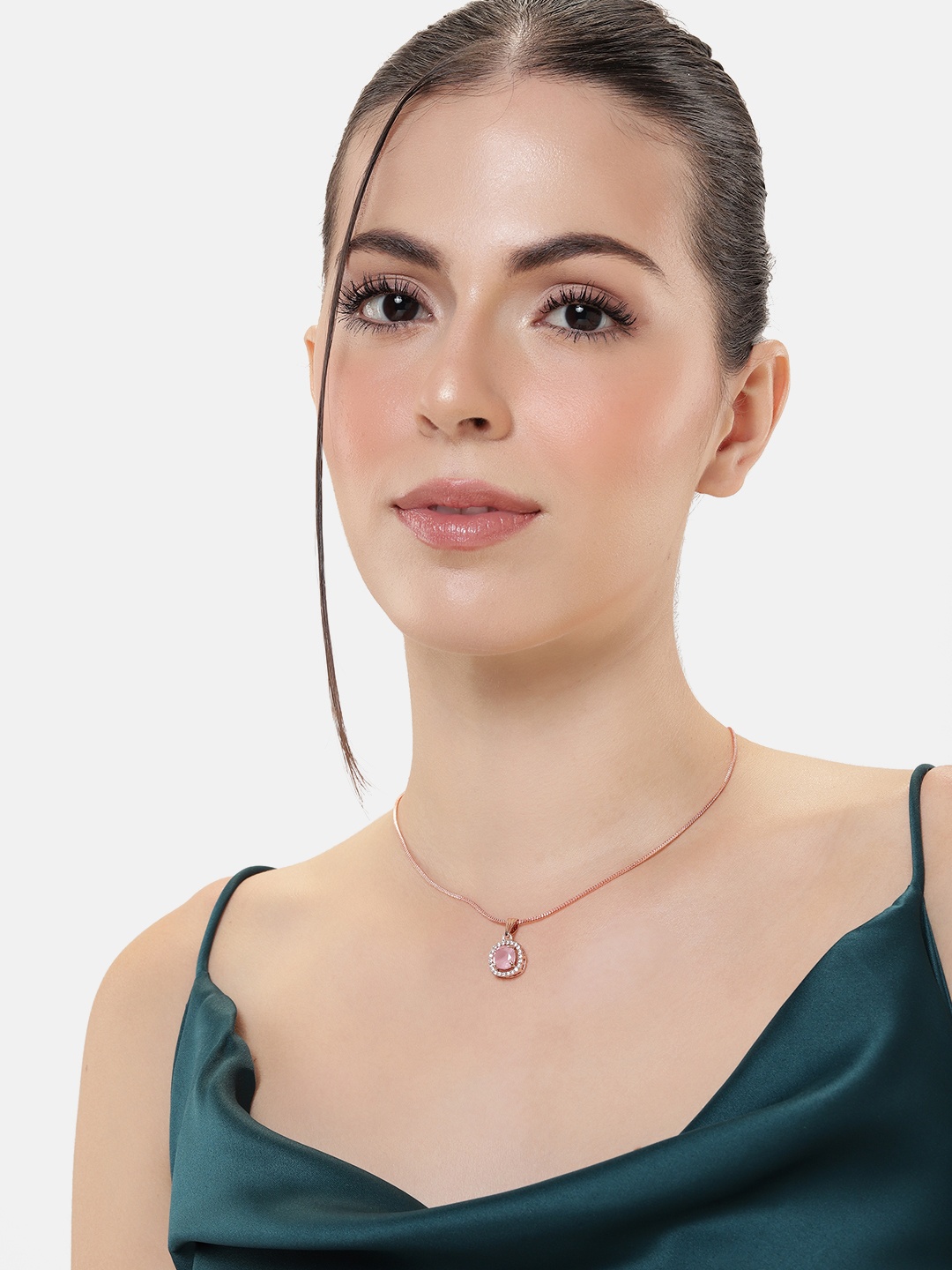 

Estele Rose Gold-Plated CZ-Studded Geometric Pendant with Chain, Pink