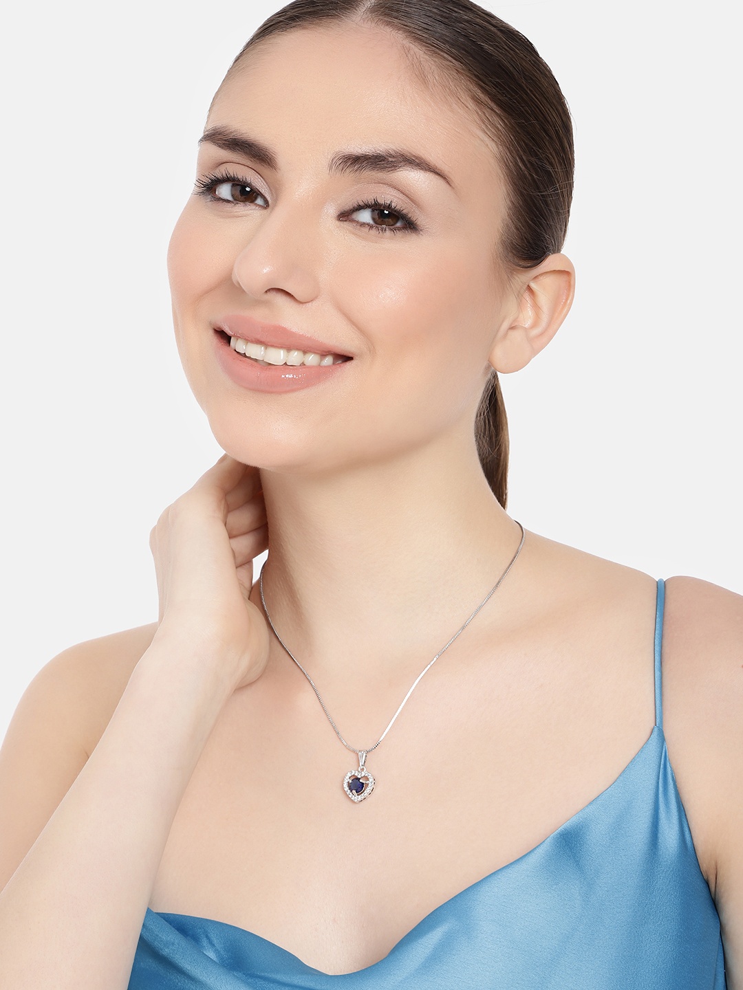 

Estele Rhodium-Plated Heart Shaped CZ Pendant with Chain, Navy blue