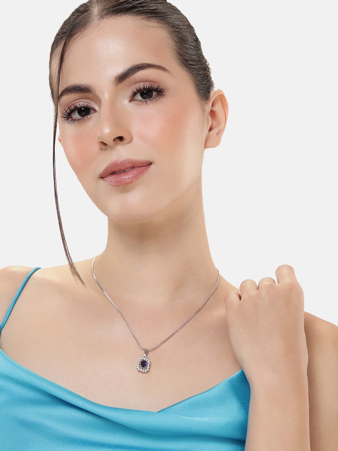 

Estele Rhodium-Plated Geometric CZ Pendant with Chain, Blue
