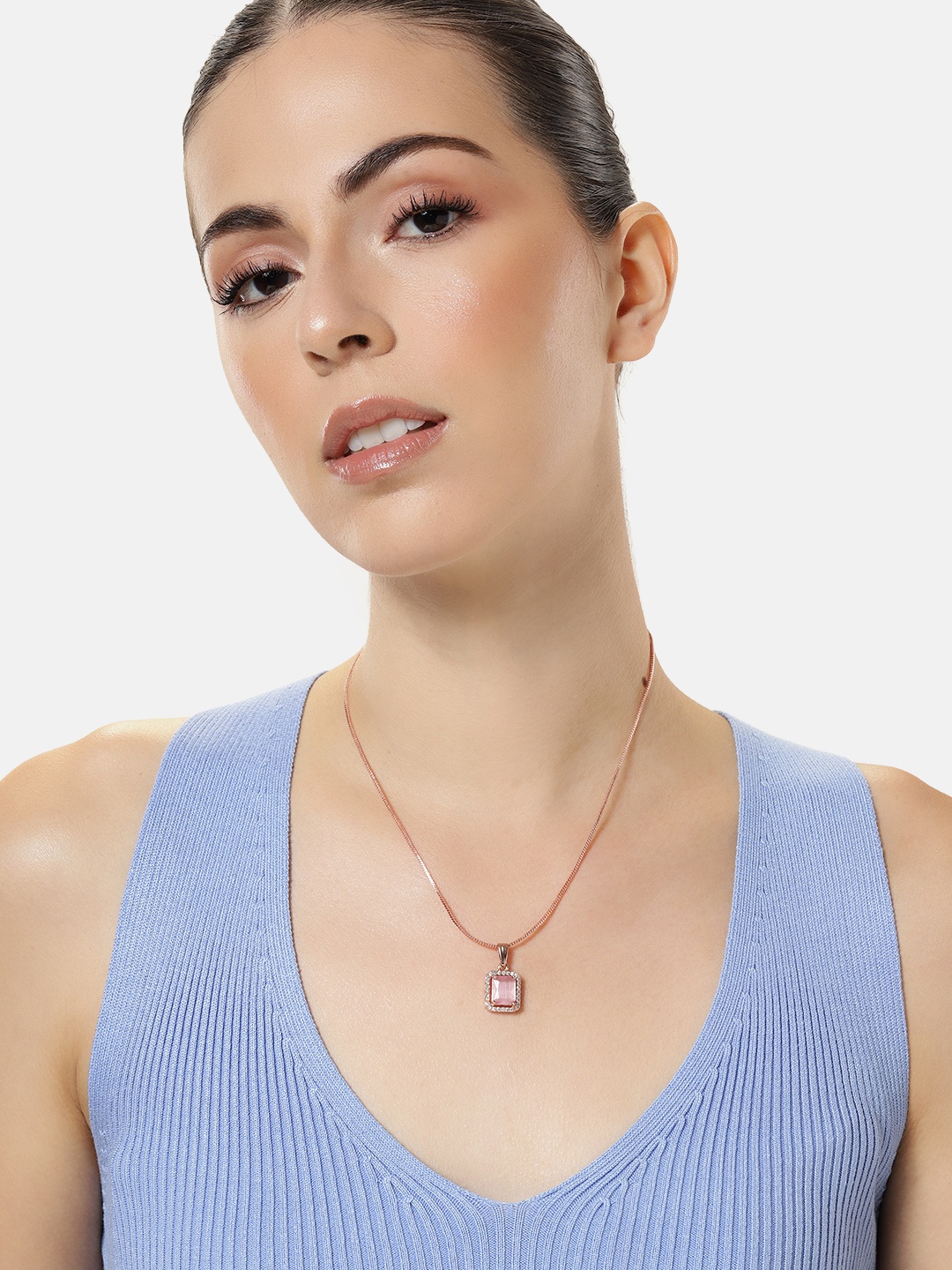 

Estele Rose Gold-Plated Geometric CZ Pendant with Chain, Pink