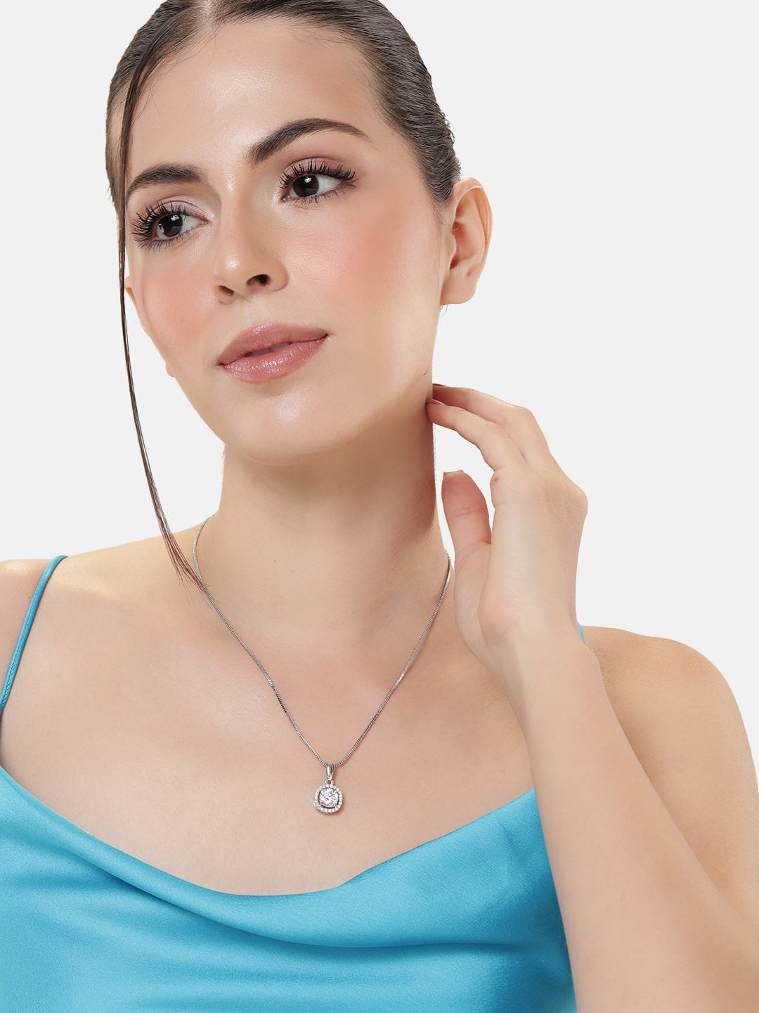 

Estele Rhodium-Plated CZ-Studded Geometric Pendant with Chain, White
