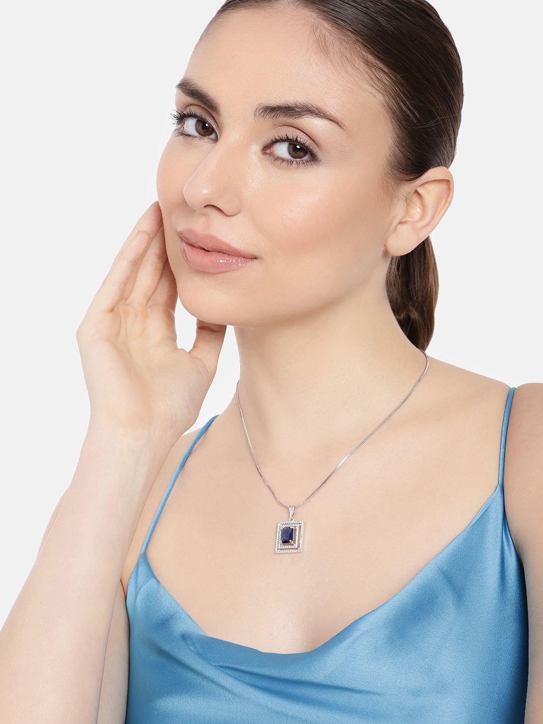 

Estele Rhodium-Plated Square CZ Pendant with Chain, Navy blue