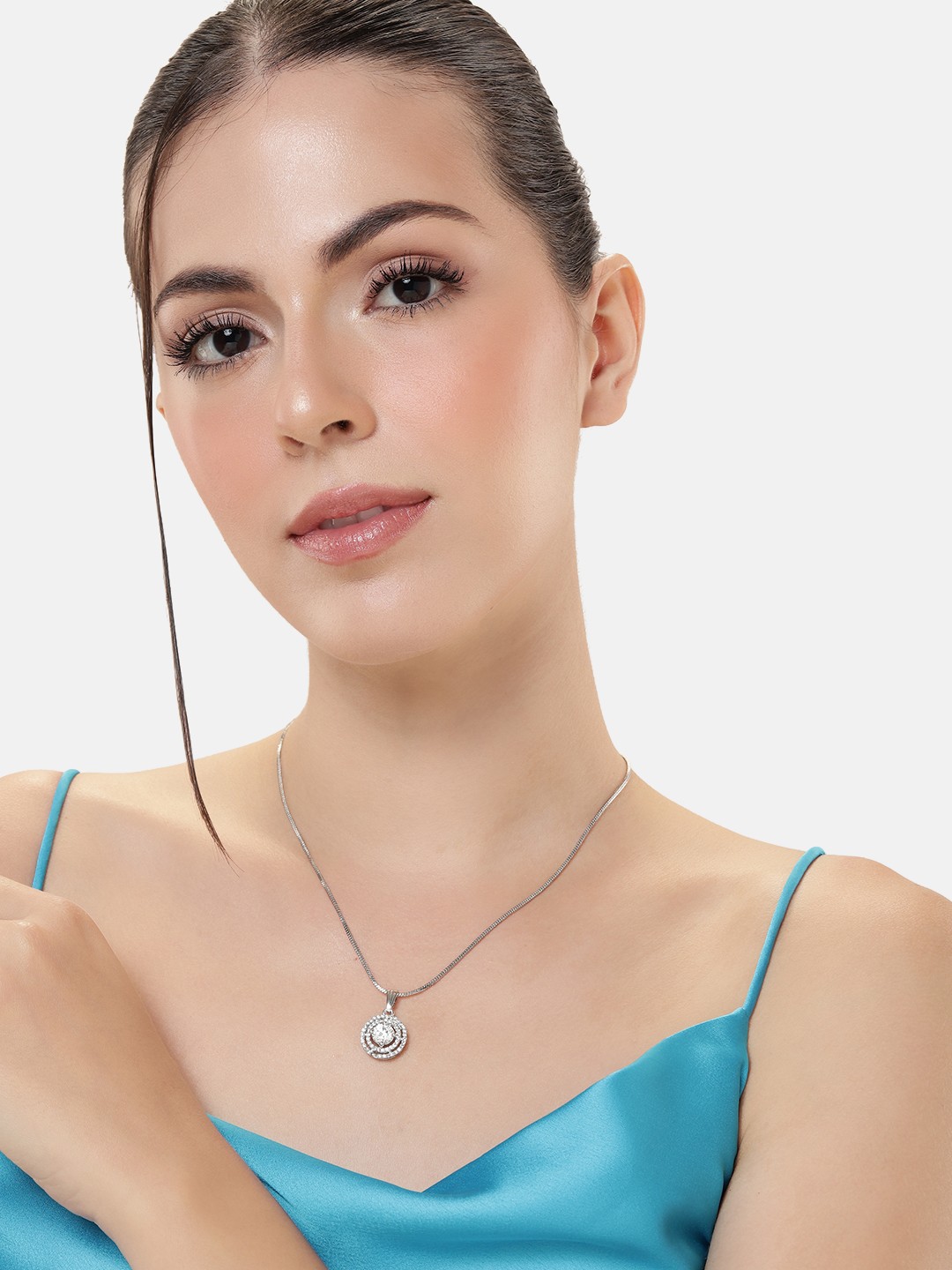 

Estele Rhodium-Plated CZ-Studded Geometric Pendant with Chain, White