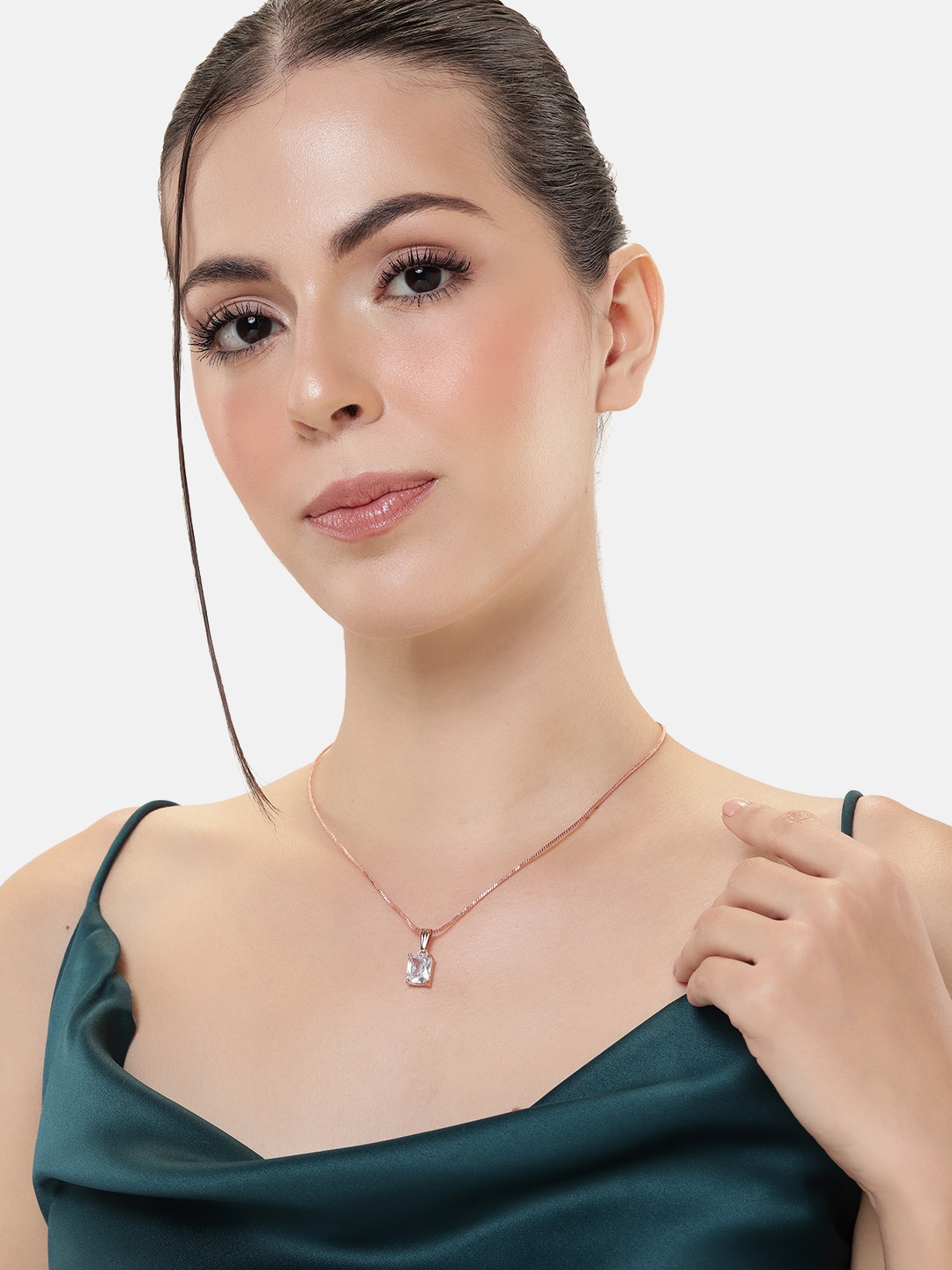 

Estele Rose Gold-Plated CZ-Studded Geometric Pendant with Chain, White